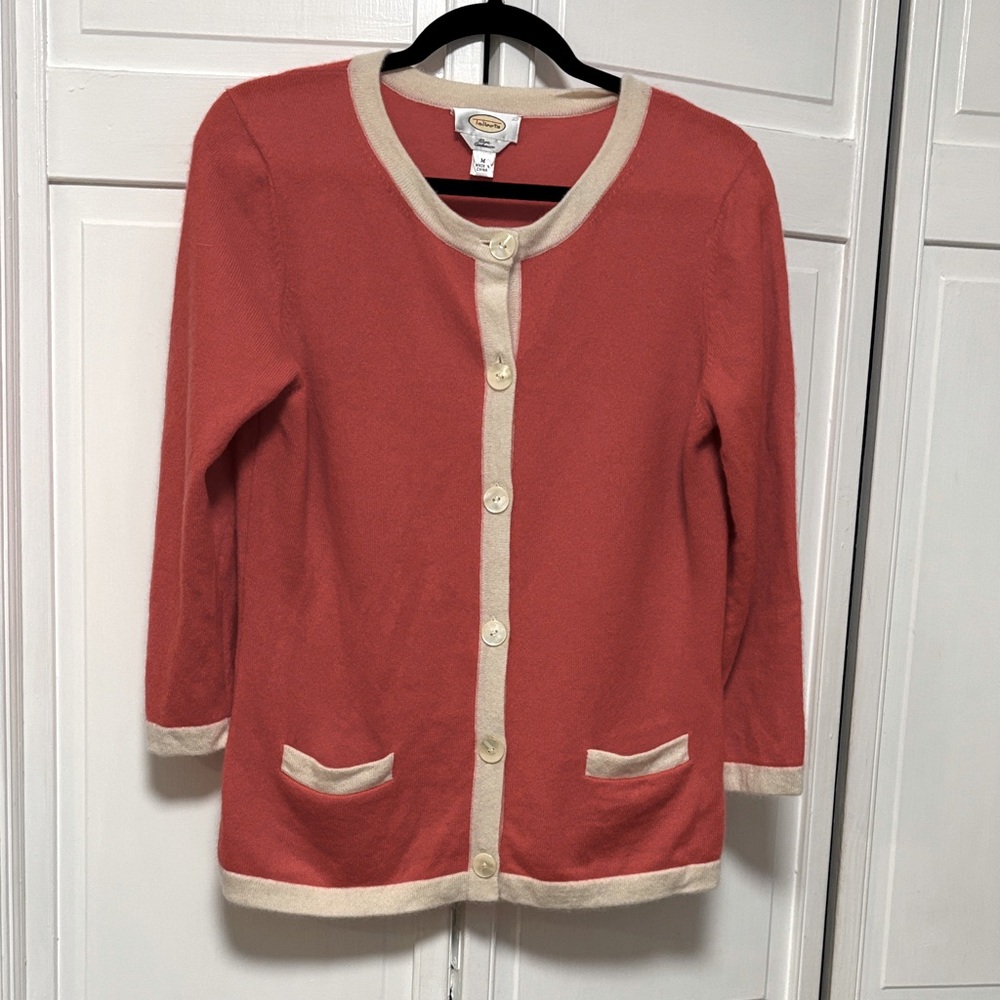 Talbot’s Coral and Cream Soft Cashmere Cardigan Sweater size medium